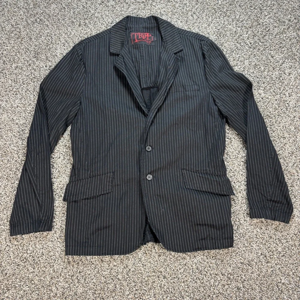 Tripp NYC Men's Large Blazer Jacket Man Black Pinstripe Gothic Punk Cotton